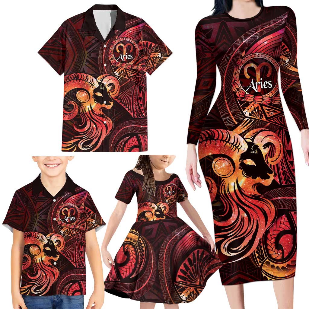 Personalised Polynesia Zodiac Aries Family Matching Long Sleeve Bodycon Dress and Hawaiian Shirt Galaxy Polynesian Pattern Chest Tattoo Style LT14 - Polynesian Pride
