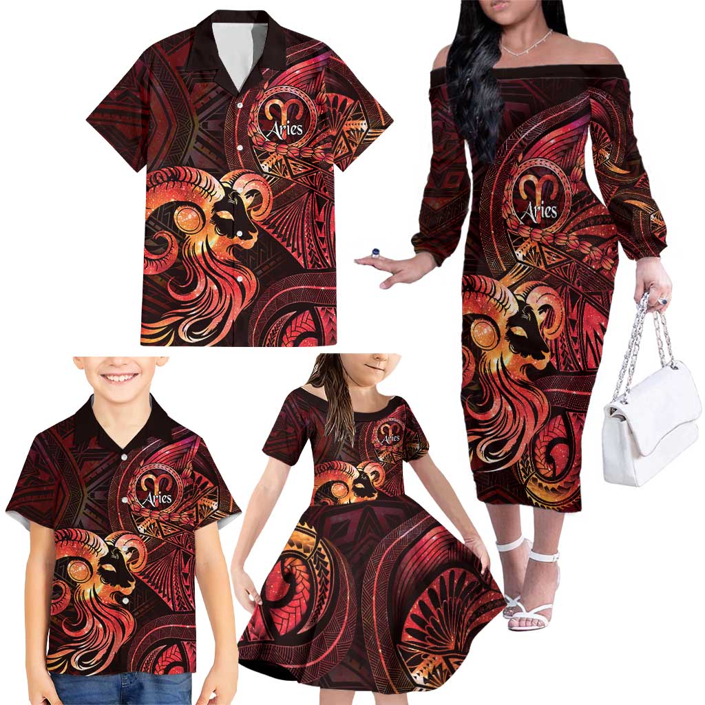 Personalised Polynesia Zodiac Aries Family Matching Off The Shoulder Long Sleeve Dress and Hawaiian Shirt Galaxy Polynesian Pattern Chest Tattoo Style LT14 - Polynesian Pride