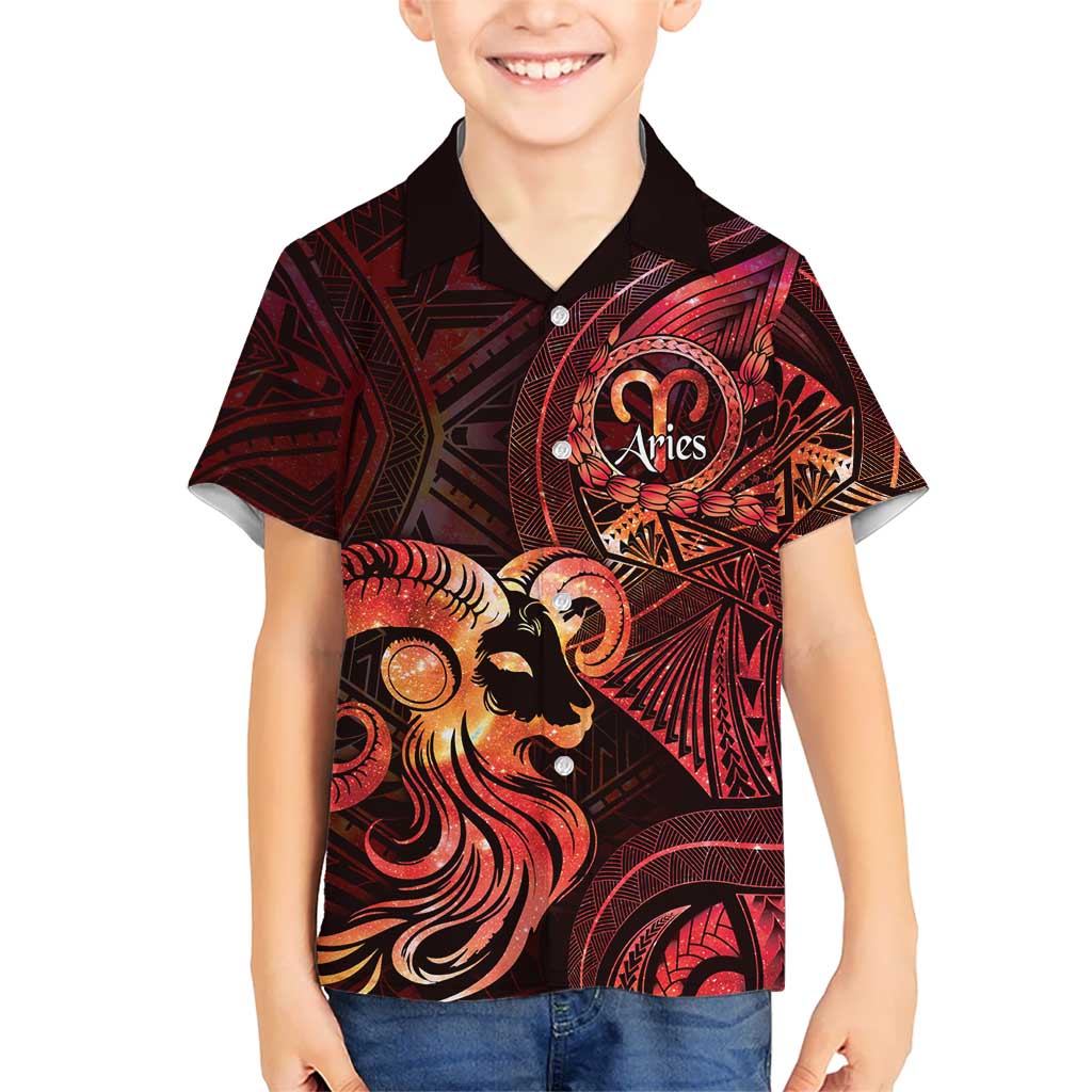 Personalised Polynesia Zodiac Aries Family Matching Off The Shoulder Long Sleeve Dress and Hawaiian Shirt Galaxy Polynesian Pattern Chest Tattoo Style