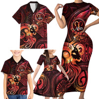 Personalised Polynesia Zodiac Aries Family Matching Short Sleeve Bodycon Dress and Hawaiian Shirt Galaxy Polynesian Pattern Chest Tattoo Style