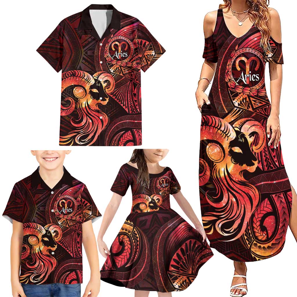 Personalised Polynesia Zodiac Aries Family Matching Summer Maxi Dress and Hawaiian Shirt Galaxy Polynesian Pattern Chest Tattoo Style LT14 - Polynesian Pride
