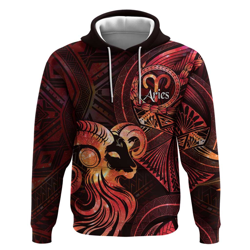 Personalised Polynesia Zodiac Aries Hoodie Galaxy Polynesian Pattern Chest Tattoo Style LT14 Pullover Hoodie Red - Polynesian Pride