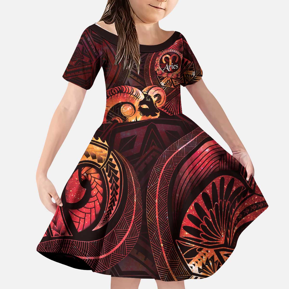 Personalised Polynesia Zodiac Aries Kid Short Sleeve Dress Galaxy Polynesian Pattern Chest Tattoo Style LT14 KID Red - Polynesian Pride