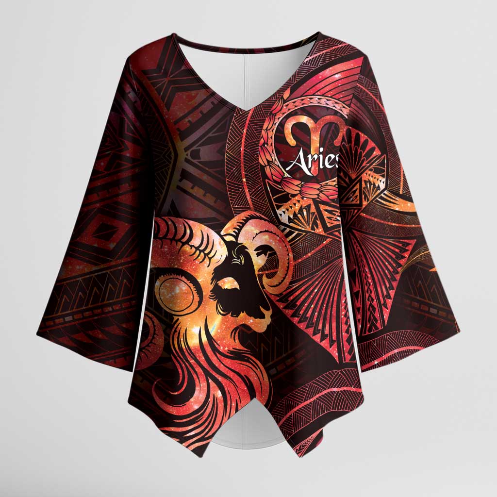 Personalised Polynesia Zodiac Aries Kimono Sleeve Blouse Galaxy Polynesian Pattern Chest Tattoo Style LT14 Female Red - Polynesian Pride