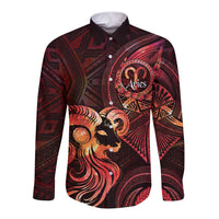 Personalised Polynesia Zodiac Aries Long Sleeve Button Shirt Galaxy Polynesian Pattern Chest Tattoo Style LT14 Unisex Red - Polynesian Pride
