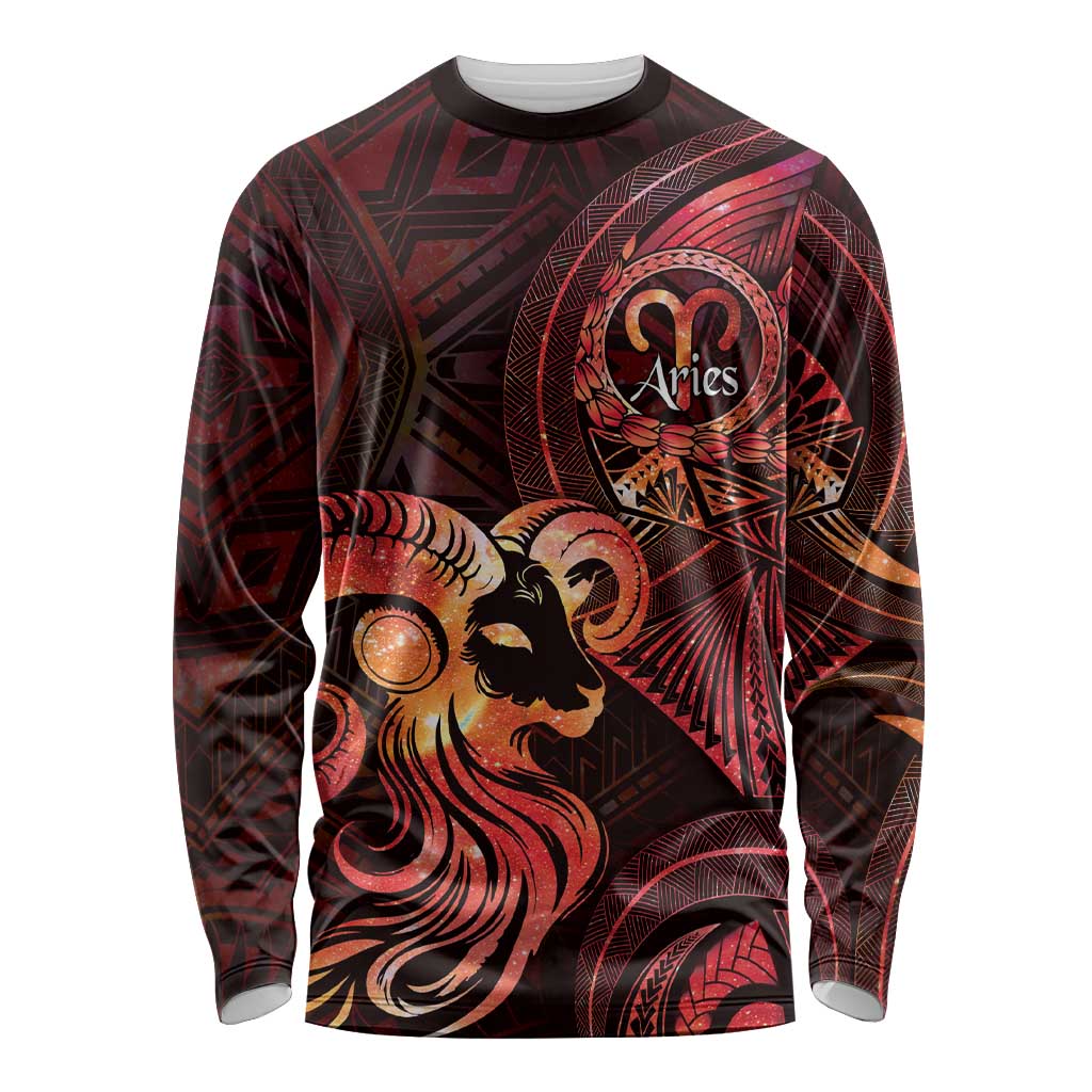 Personalised Polynesia Zodiac Aries Long Sleeve Shirt Galaxy Polynesian Pattern Chest Tattoo Style LT14 Unisex Red - Polynesian Pride