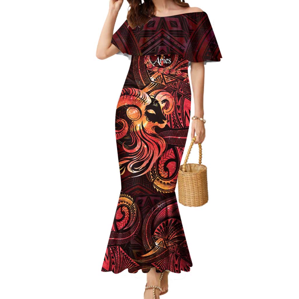 Personalised Polynesia Zodiac Aries Mermaid Dress Galaxy Polynesian Pattern Chest Tattoo Style LT14 Women Red - Polynesian Pride