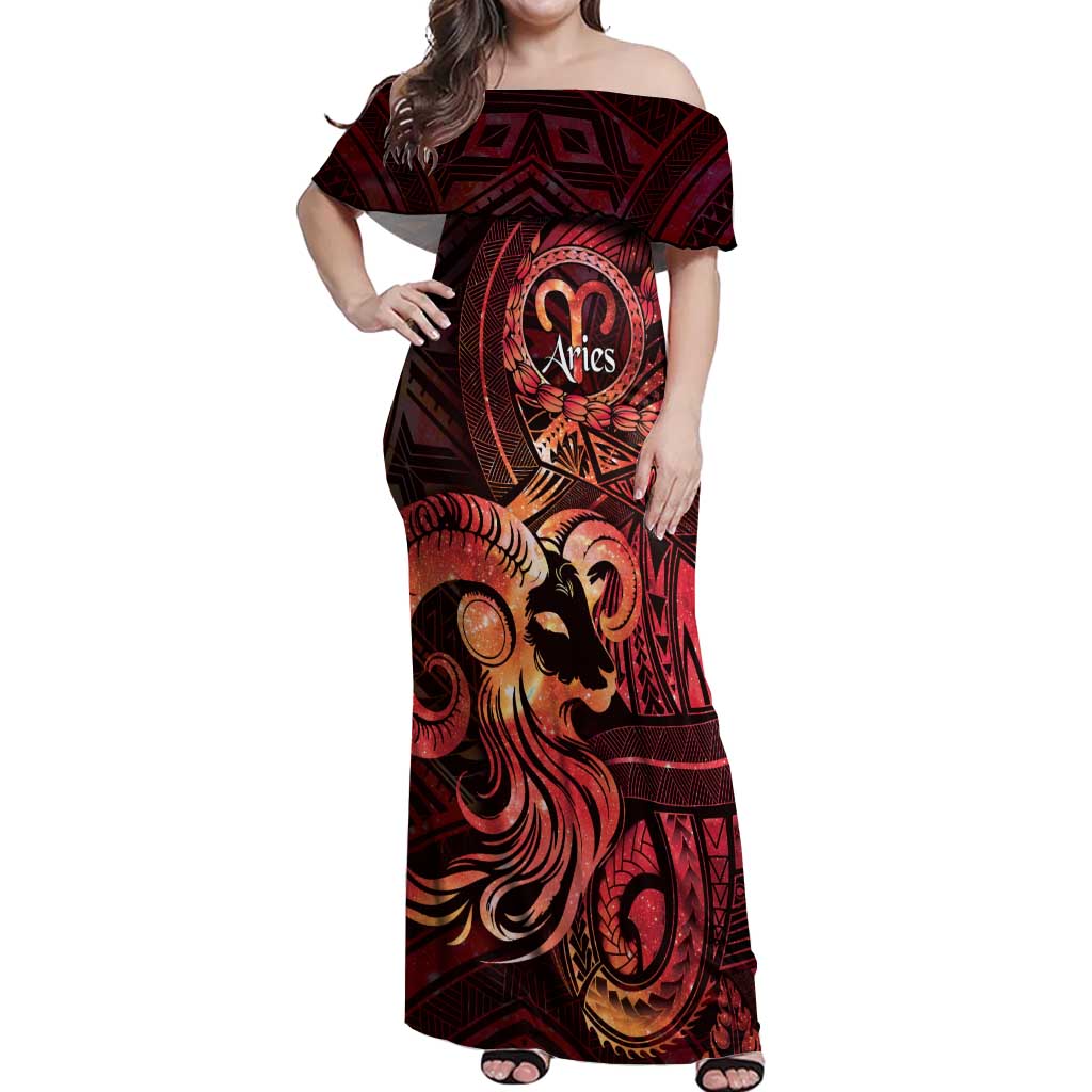 Personalised Polynesia Zodiac Aries Off Shoulder Maxi Dress Galaxy Polynesian Pattern Chest Tattoo Style LT14 Women Red - Polynesian Pride