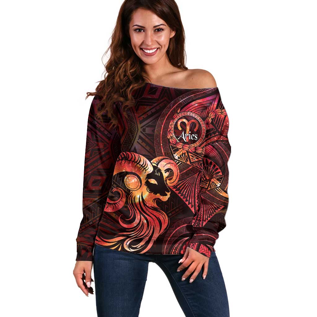 Personalised Polynesia Zodiac Aries Off Shoulder Sweater Galaxy Polynesian Pattern Chest Tattoo Style LT14 Women Red - Polynesian Pride