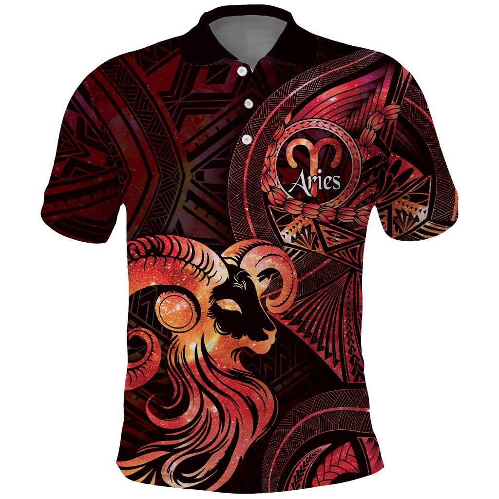 Personalised Polynesia Zodiac Aries Polo Shirt Galaxy Polynesian Pattern Chest Tattoo Style LT14 Red - Polynesian Pride
