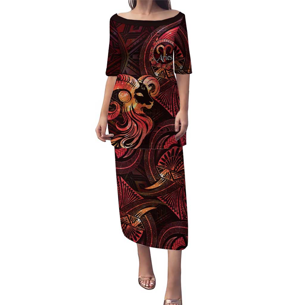 Personalised Polynesia Zodiac Aries Puletasi Galaxy Polynesian Pattern Chest Tattoo Style LT14 Long Dress Red - Polynesian Pride