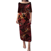 Personalised Polynesia Zodiac Aries Puletasi Galaxy Polynesian Pattern Chest Tattoo Style LT14 Long Dress Red - Polynesian Pride