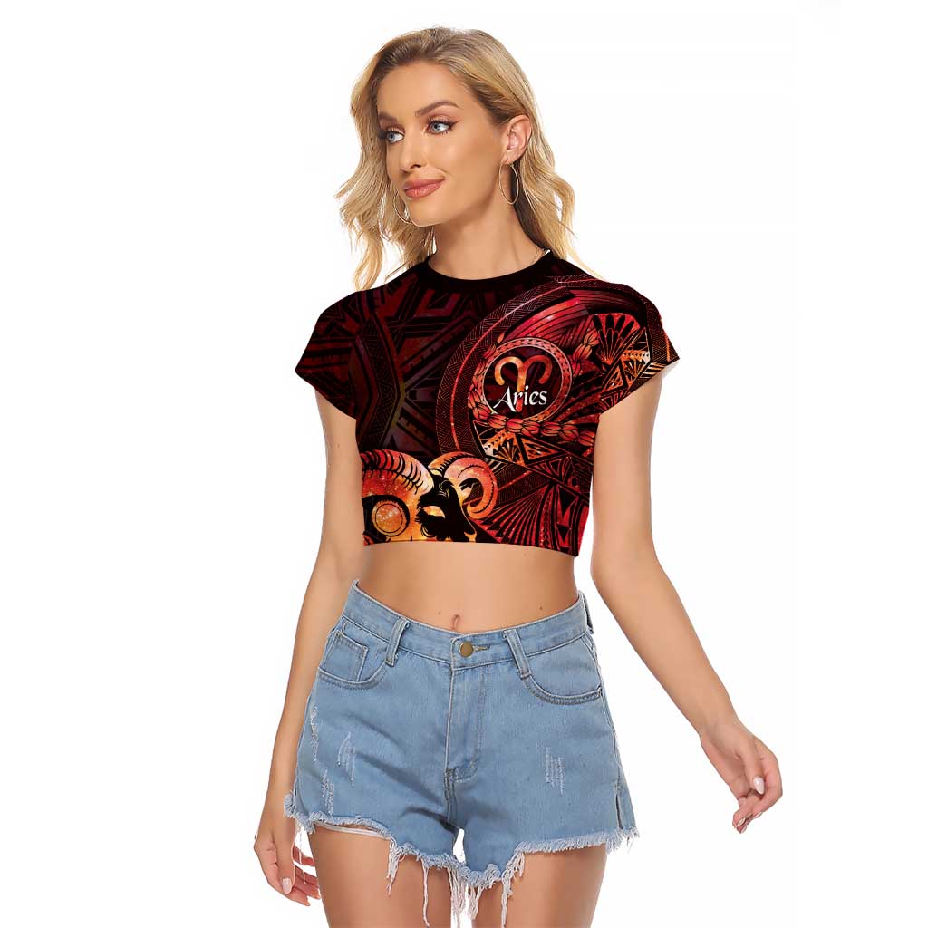Personalised Polynesia Zodiac Aries Raglan Cropped T Shirt Galaxy Polynesian Pattern Chest Tattoo Style LT14 Female Red - Polynesian Pride
