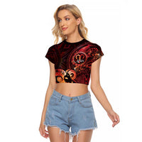 Personalised Polynesia Zodiac Aries Raglan Cropped T Shirt Galaxy Polynesian Pattern Chest Tattoo Style LT14 Female Red - Polynesian Pride