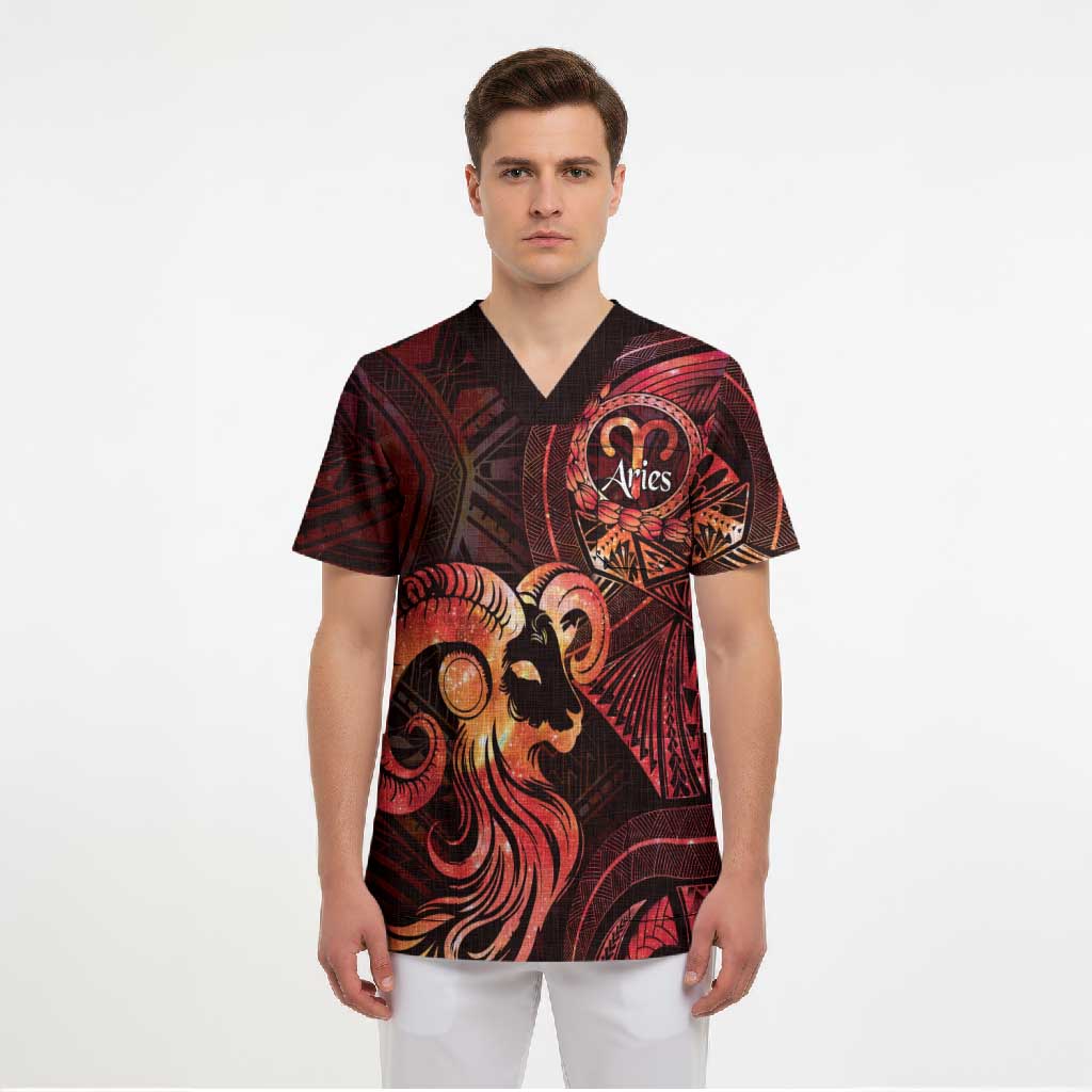 Personalised Polynesia Zodiac Aries Scrub Top Galaxy Polynesian Pattern Chest Tattoo Style LT14 - Polynesian Pride