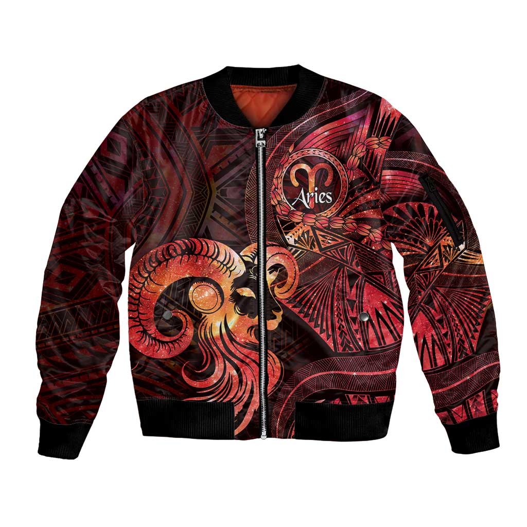 Personalised Polynesia Zodiac Aries Sleeve Zip Bomber Jacket Galaxy Polynesian Pattern Chest Tattoo Style LT14 Unisex Red - Polynesian Pride