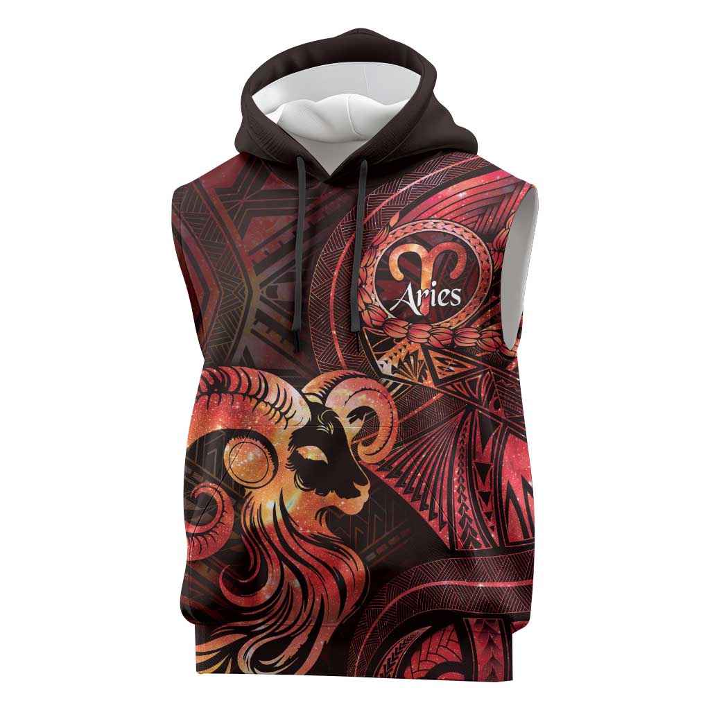 Personalised Polynesia Zodiac Aries Sleeveless Hoodie Galaxy Polynesian Pattern Chest Tattoo Style LT14 Red - Polynesian Pride
