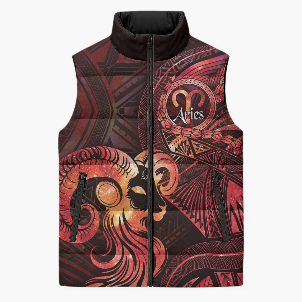 Personalised Polynesia Zodiac Aries Sleeveless Puffer Jacket Galaxy Polynesian Pattern Chest Tattoo Style LT14 Unisex Red - Polynesian Pride