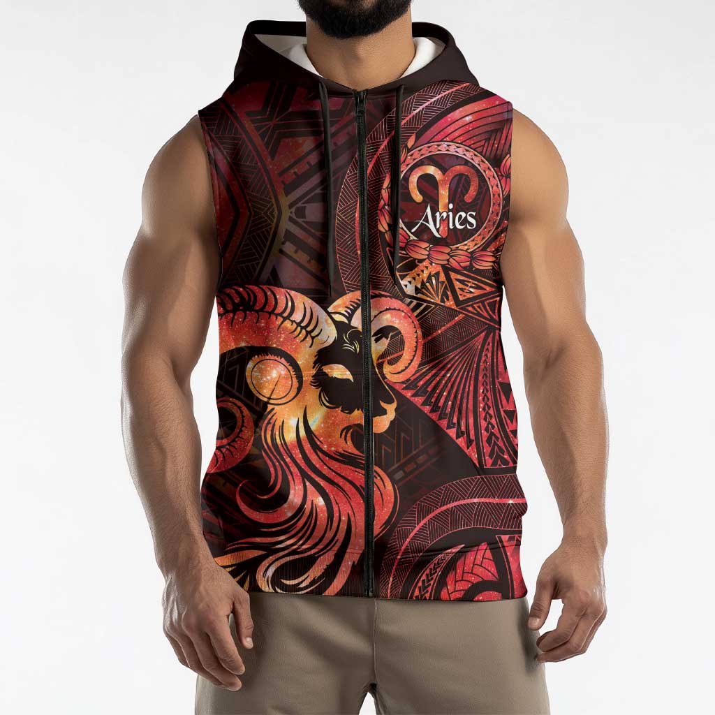 Personalised Polynesia Zodiac Aries Sleeveless Zip Hoodie Galaxy Polynesian Pattern Chest Tattoo Style