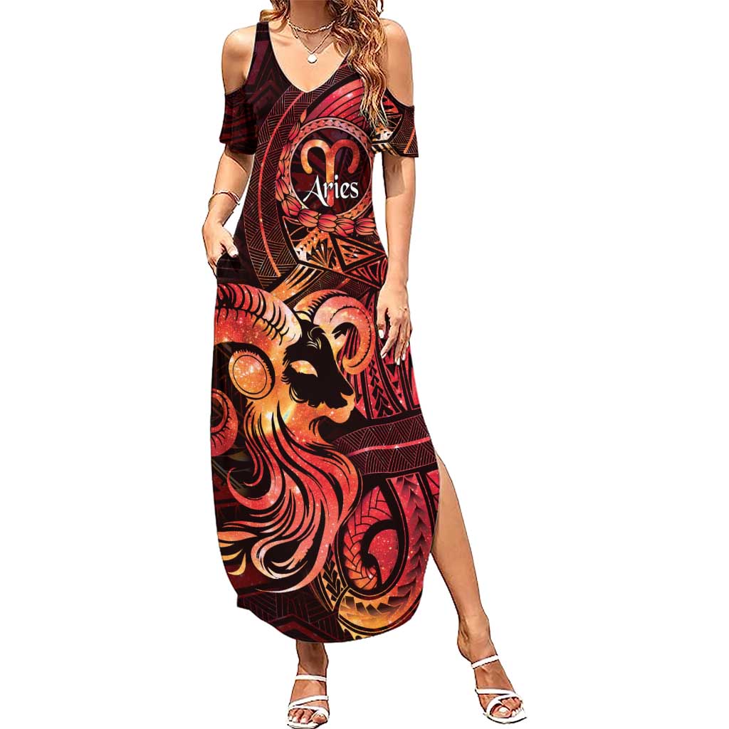 Personalised Polynesia Zodiac Aries Summer Maxi Dress Galaxy Polynesian Pattern Chest Tattoo Style LT14 Women Red - Polynesian Pride