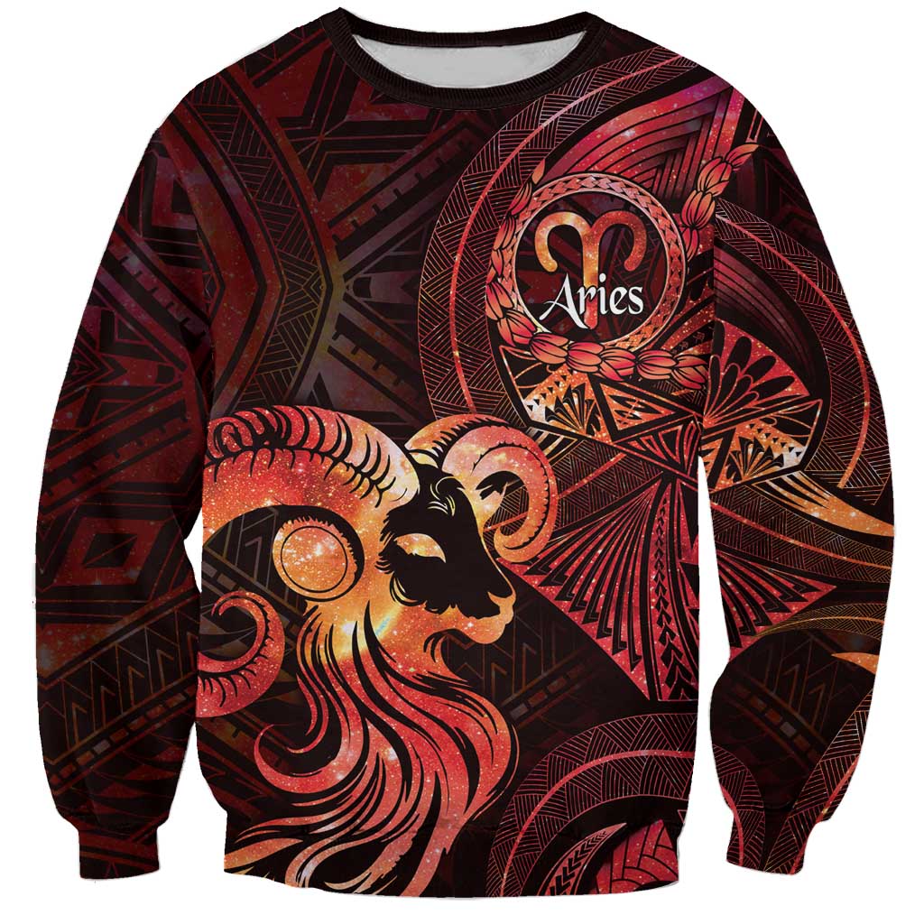 Personalised Polynesia Zodiac Aries Sweatshirt Galaxy Polynesian Pattern Chest Tattoo Style LT14 Unisex Red - Polynesian Pride