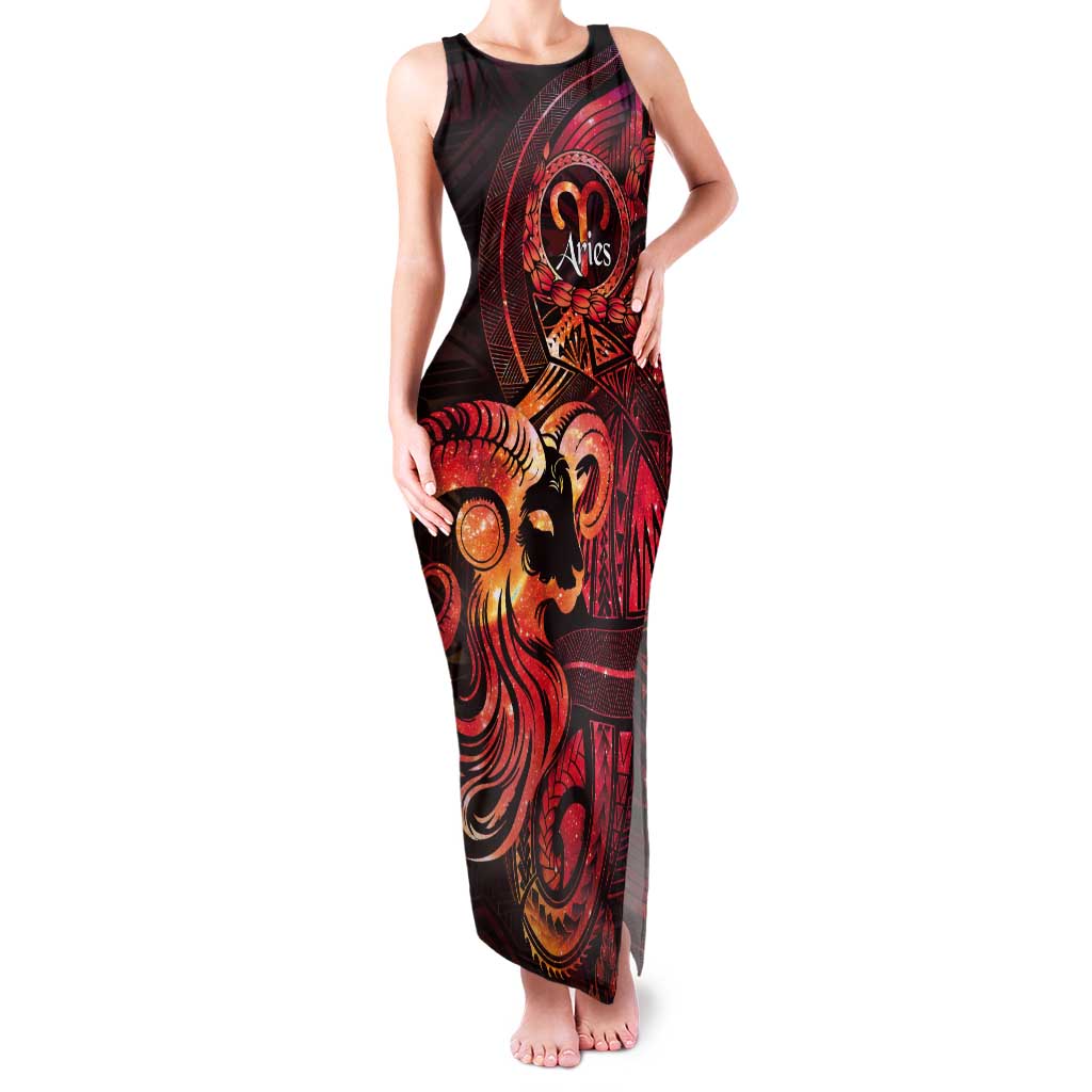 Personalised Polynesia Zodiac Aries Tank Maxi Dress Galaxy Polynesian Pattern Chest Tattoo Style LT14 Women Red - Polynesian Pride