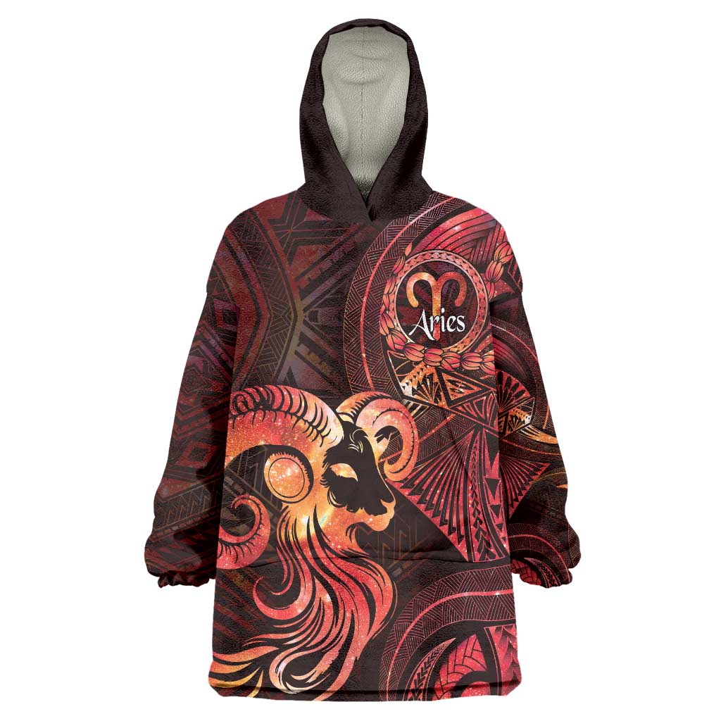 Personalised Polynesia Zodiac Aries Wearable Blanket Hoodie Galaxy Polynesian Pattern Chest Tattoo Style LT14 One Size Red - Polynesian Pride