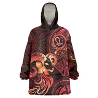 Personalised Polynesia Zodiac Aries Wearable Blanket Hoodie Galaxy Polynesian Pattern Chest Tattoo Style LT14 One Size Red - Polynesian Pride