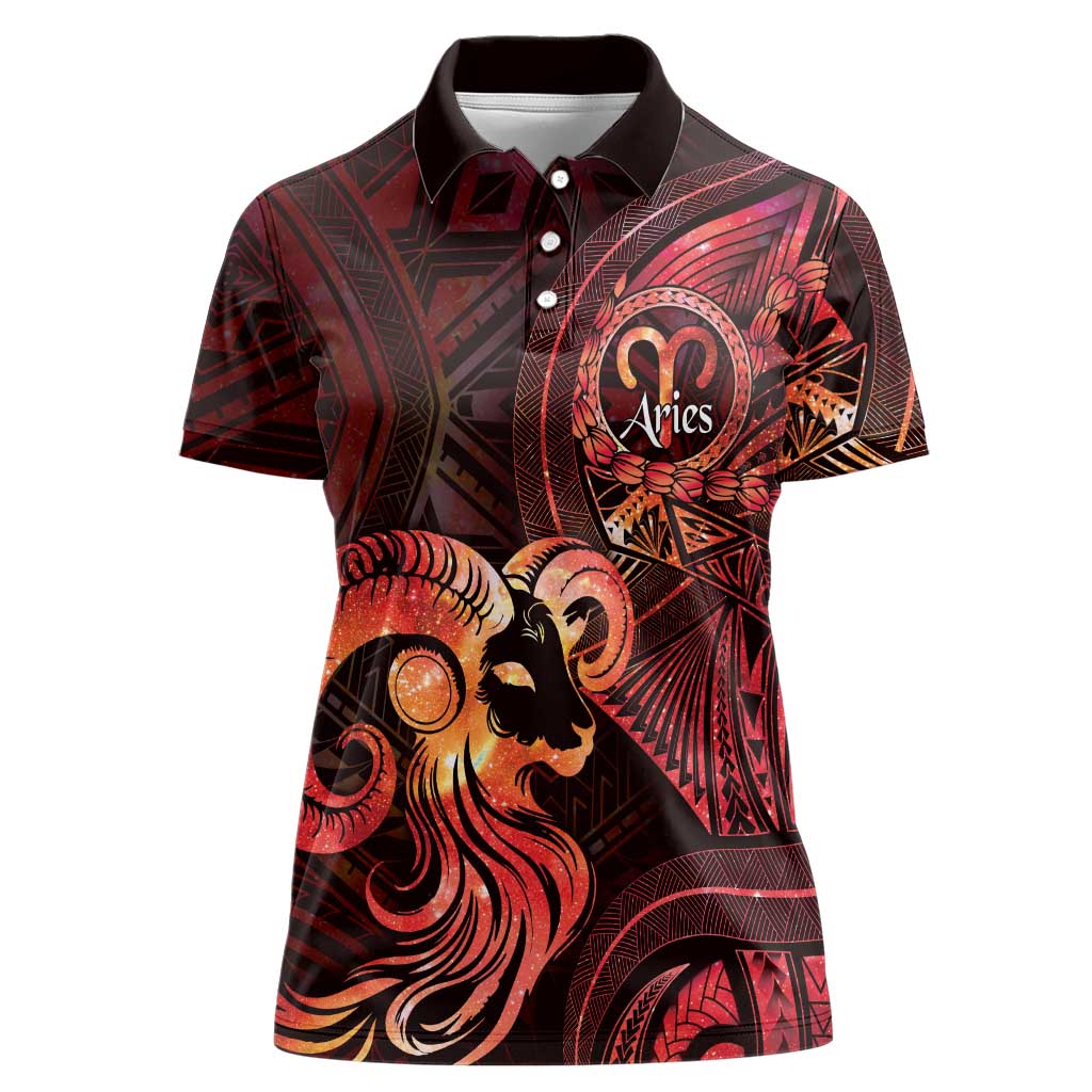 Personalised Polynesia Zodiac Aries Women Polo Shirt Galaxy Polynesian Pattern Chest Tattoo Style LT14 Female Red - Polynesian Pride