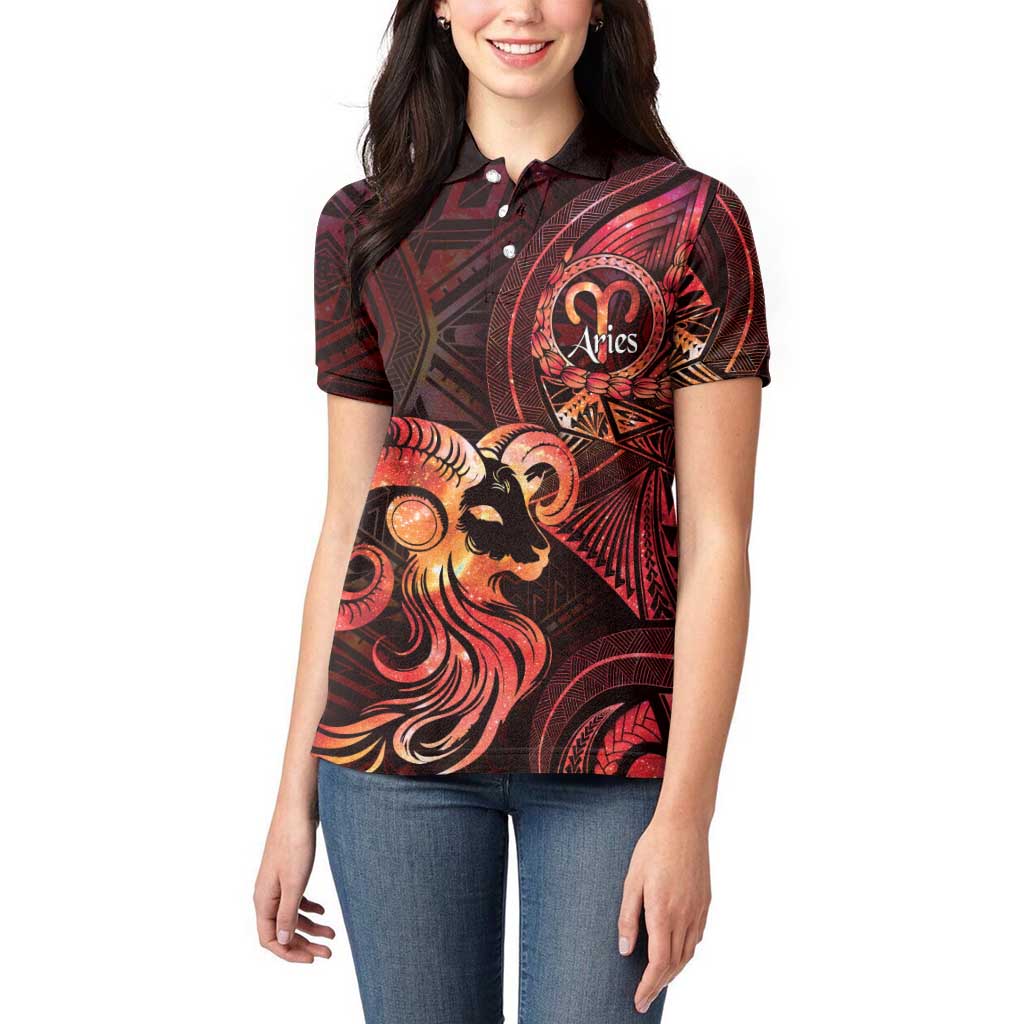 Personalised Polynesia Zodiac Aries Women Polo Shirt Galaxy Polynesian Pattern Chest Tattoo Style LT14 - Polynesian Pride