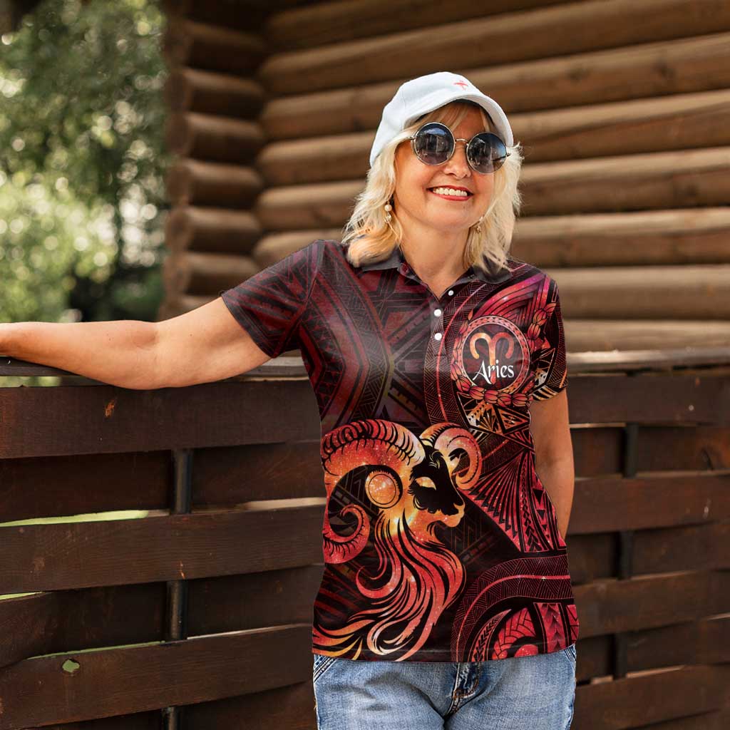 Personalised Polynesia Zodiac Aries Women Polo Shirt Galaxy Polynesian Pattern Chest Tattoo Style LT14 - Polynesian Pride