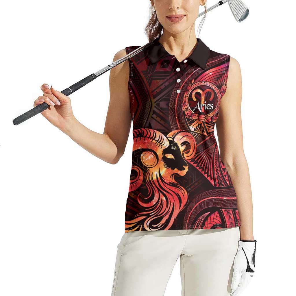 Personalised Polynesia Zodiac Aries Women Sleeveless Polo Shirt Galaxy Polynesian Pattern Chest Tattoo Style LT14 - Polynesian Pride