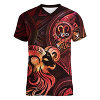 Personalised Polynesia Zodiac Aries Women V-Neck T-Shirt Galaxy Polynesian Pattern Chest Tattoo Style LT14 Female Red - Polynesian Pride