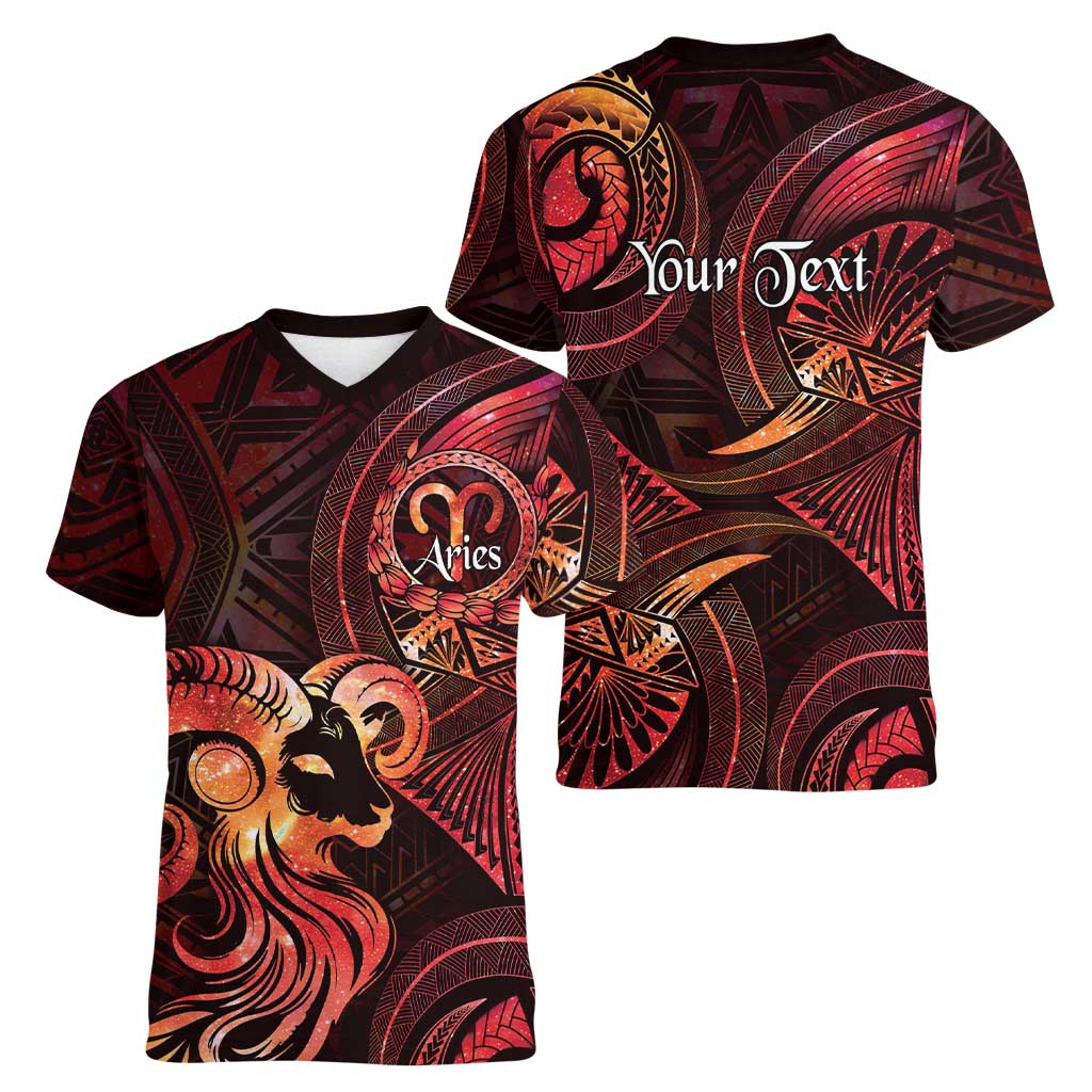 Personalised Polynesia Zodiac Aries Women V-Neck T-Shirt Galaxy Polynesian Pattern Chest Tattoo Style LT14 - Polynesian Pride