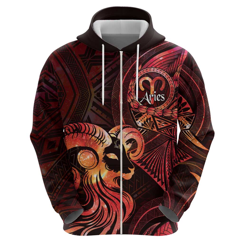 Personalised Polynesia Zodiac Aries Zip Hoodie Galaxy Polynesian Pattern Chest Tattoo Style LT14 - Polynesian Pride