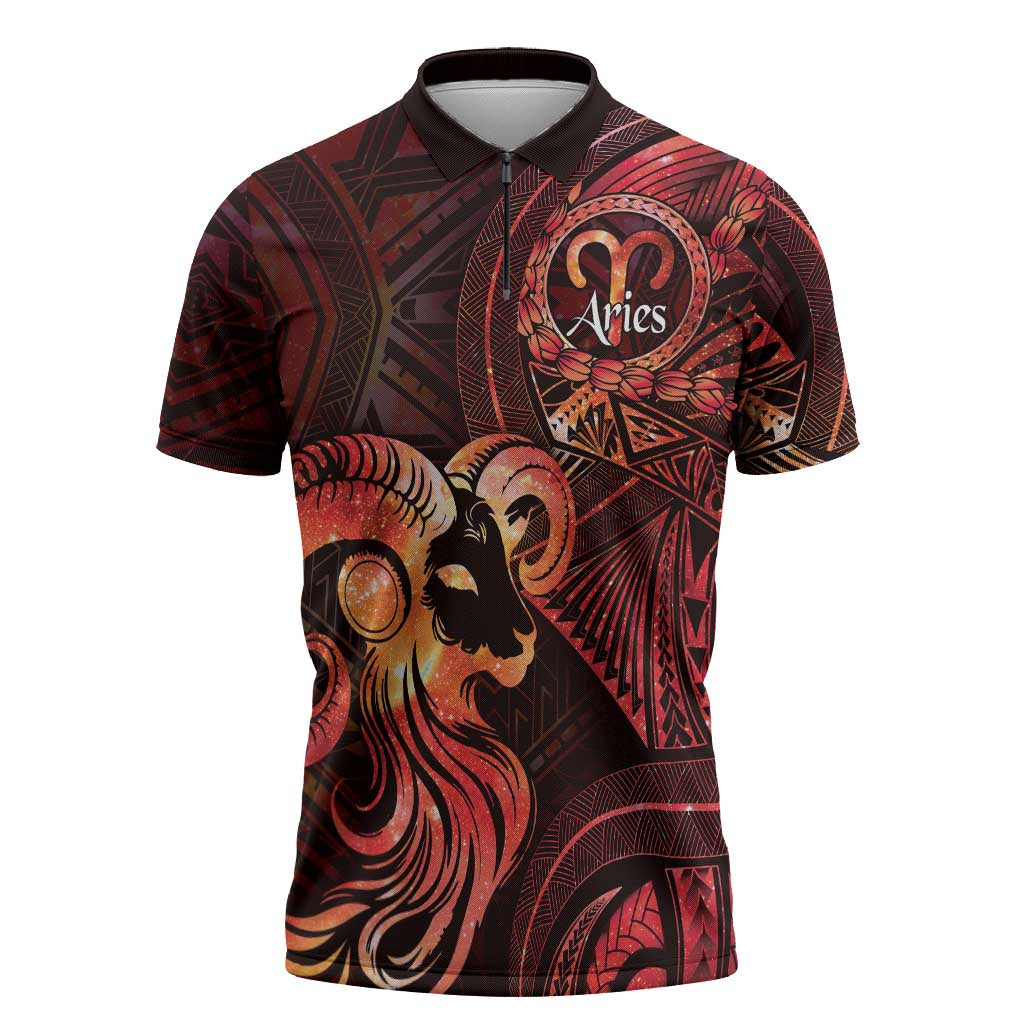Personalised Polynesia Zodiac Aries Zipper Polo Shirt Galaxy Polynesian Pattern Chest Tattoo Style