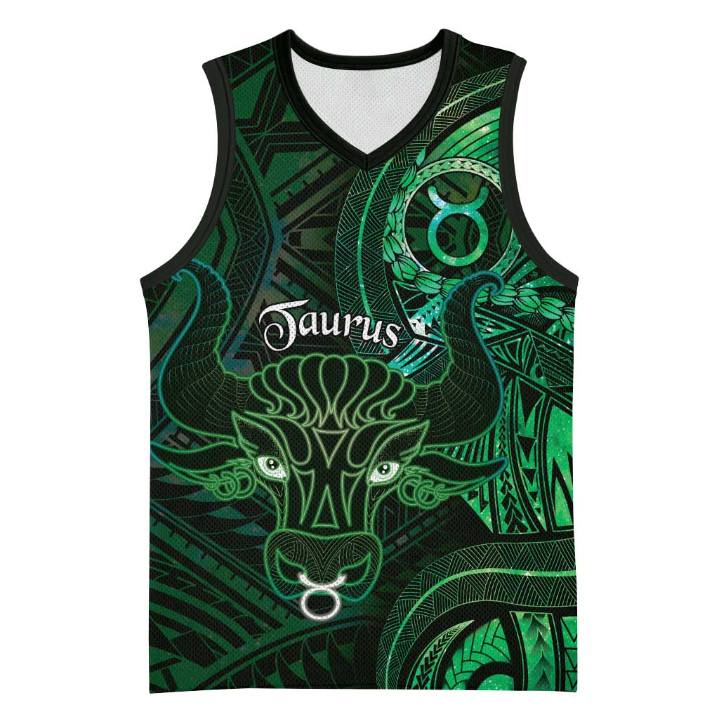 Personalised Polynesia Zodiac Taurus Basketball Jersey Galaxy Polynesian Pattern Chest Tattoo Style LT14 Unisex Green - Polynesian Pride