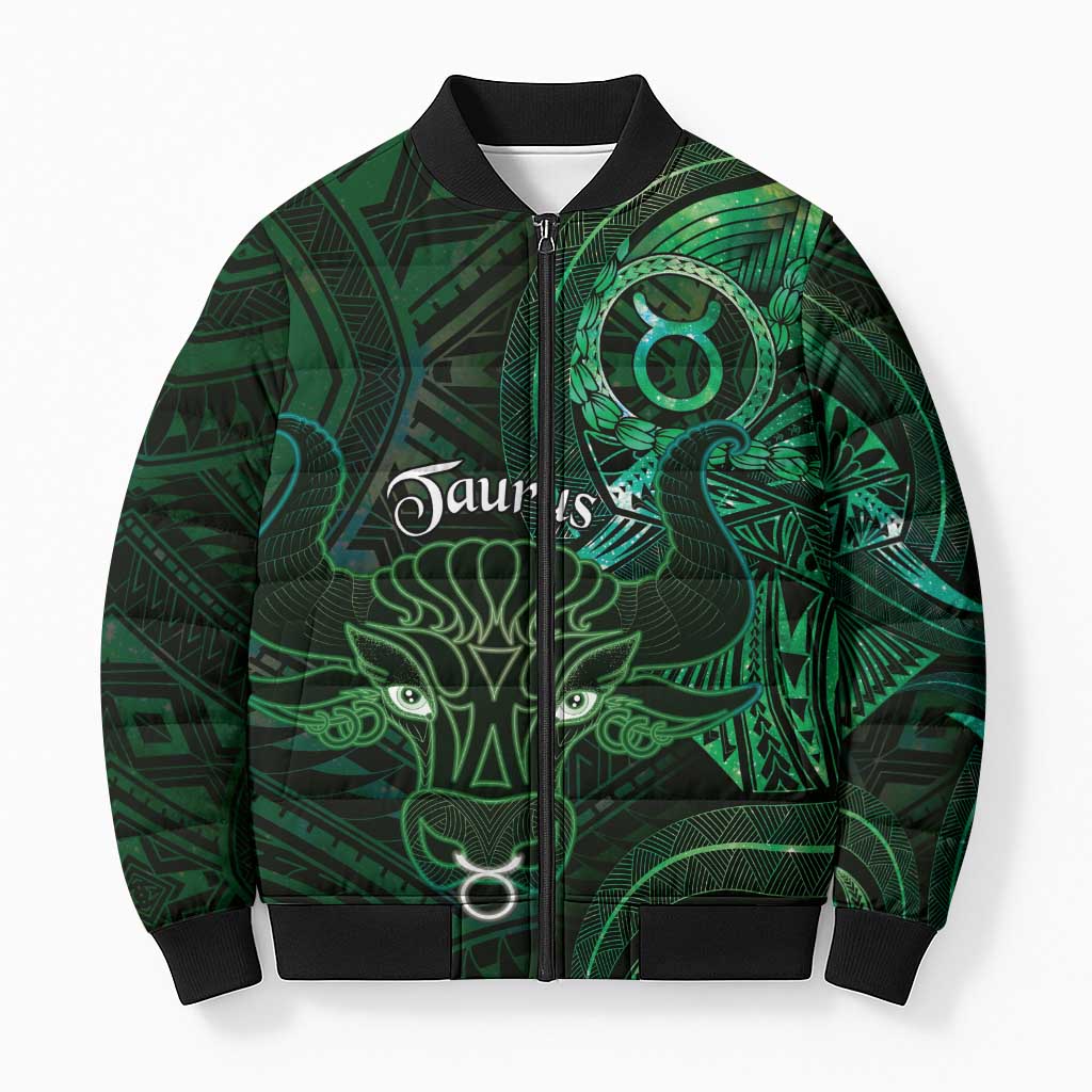 Personalised Polynesia Zodiac Taurus Bomber Puffer Jacket Galaxy Polynesian Pattern Chest Tattoo Style LT14 Unisex Green - Polynesian Pride