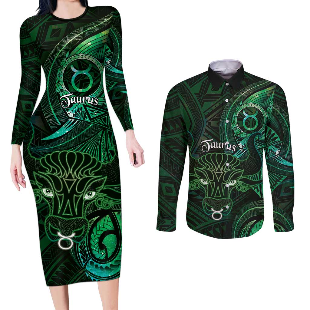 Personalised Polynesia Zodiac Taurus Couples Matching Long Sleeve Bodycon Dress and Long Sleeve Button Shirt Galaxy Polynesian Pattern Chest Tattoo Style LT14 Green - Polynesian Pride