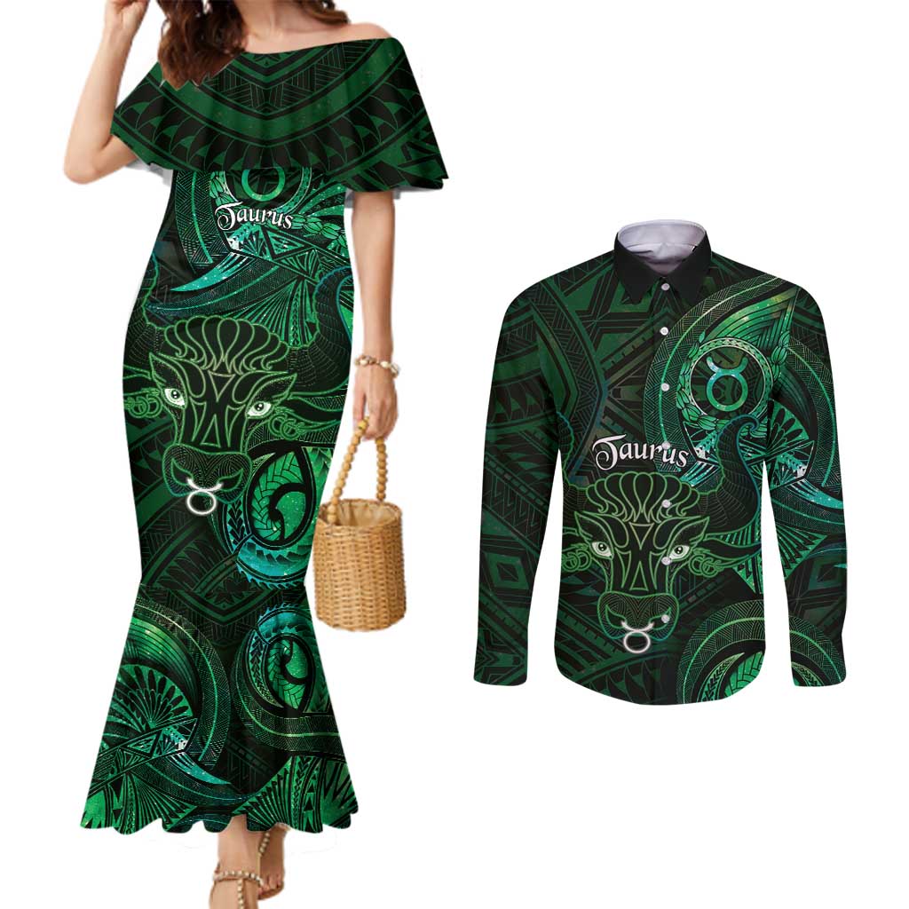 Personalised Polynesia Zodiac Taurus Couples Matching Mermaid Dress and Long Sleeve Button Shirt Galaxy Polynesian Pattern Chest Tattoo Style LT14 Green - Polynesian Pride