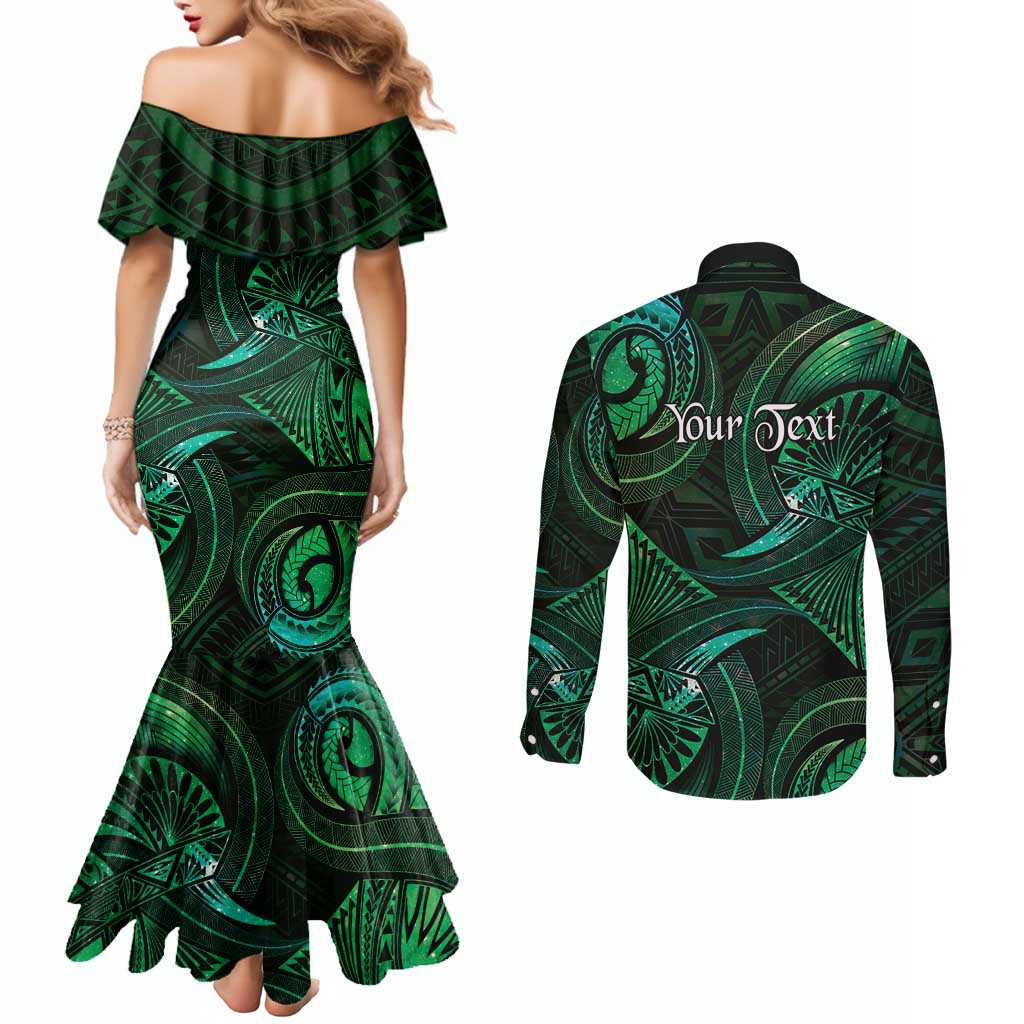 Personalised Polynesia Zodiac Taurus Couples Matching Mermaid Dress and Long Sleeve Button Shirt Galaxy Polynesian Pattern Chest Tattoo Style LT14 - Polynesian Pride