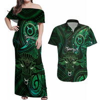 Personalised Polynesia Zodiac Taurus Couples Matching Off Shoulder Maxi Dress and Hawaiian Shirt Galaxy Polynesian Pattern Chest Tattoo Style
