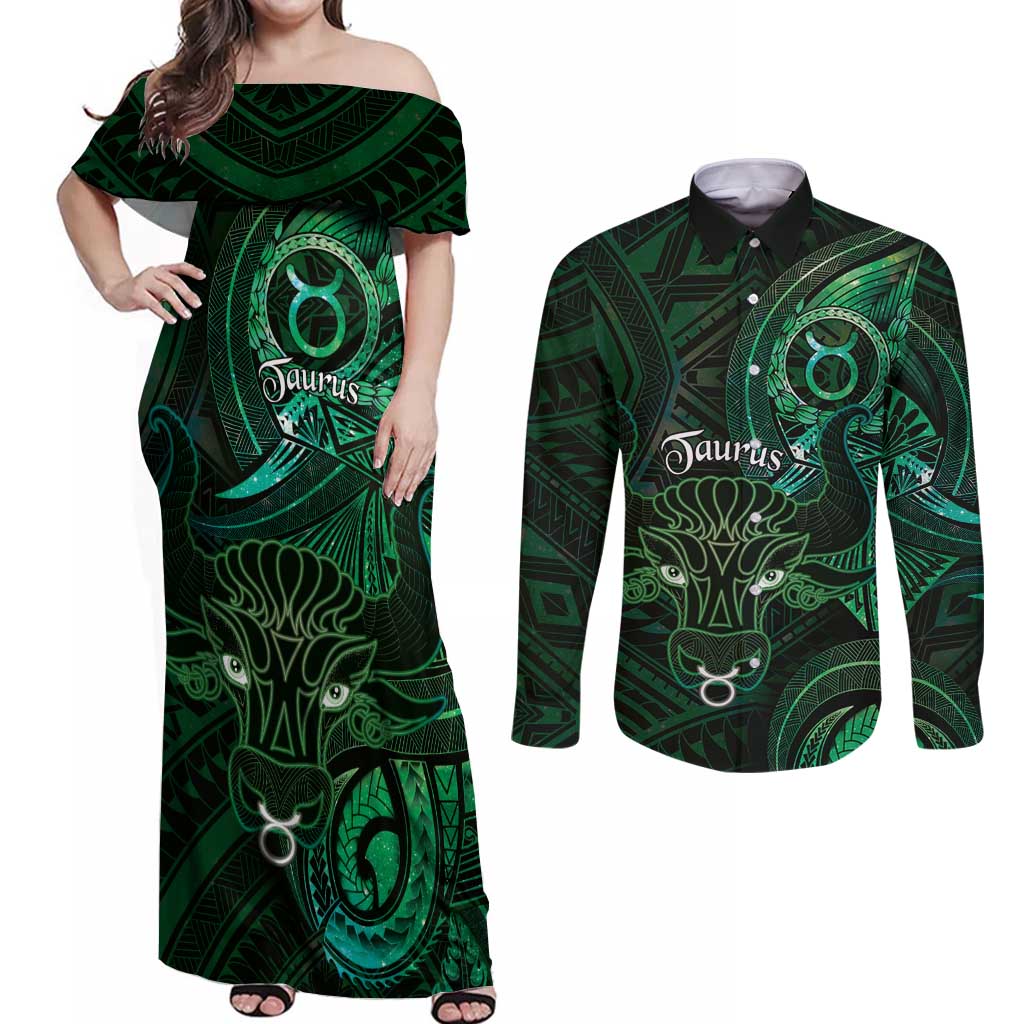 Personalised Polynesia Zodiac Taurus Couples Matching Off Shoulder Maxi Dress and Long Sleeve Button Shirt Galaxy Polynesian Pattern Chest Tattoo Style LT14 Green - Polynesian Pride