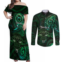 Personalised Polynesia Zodiac Taurus Couples Matching Off Shoulder Maxi Dress and Long Sleeve Button Shirt Galaxy Polynesian Pattern Chest Tattoo Style LT14 Green - Polynesian Pride