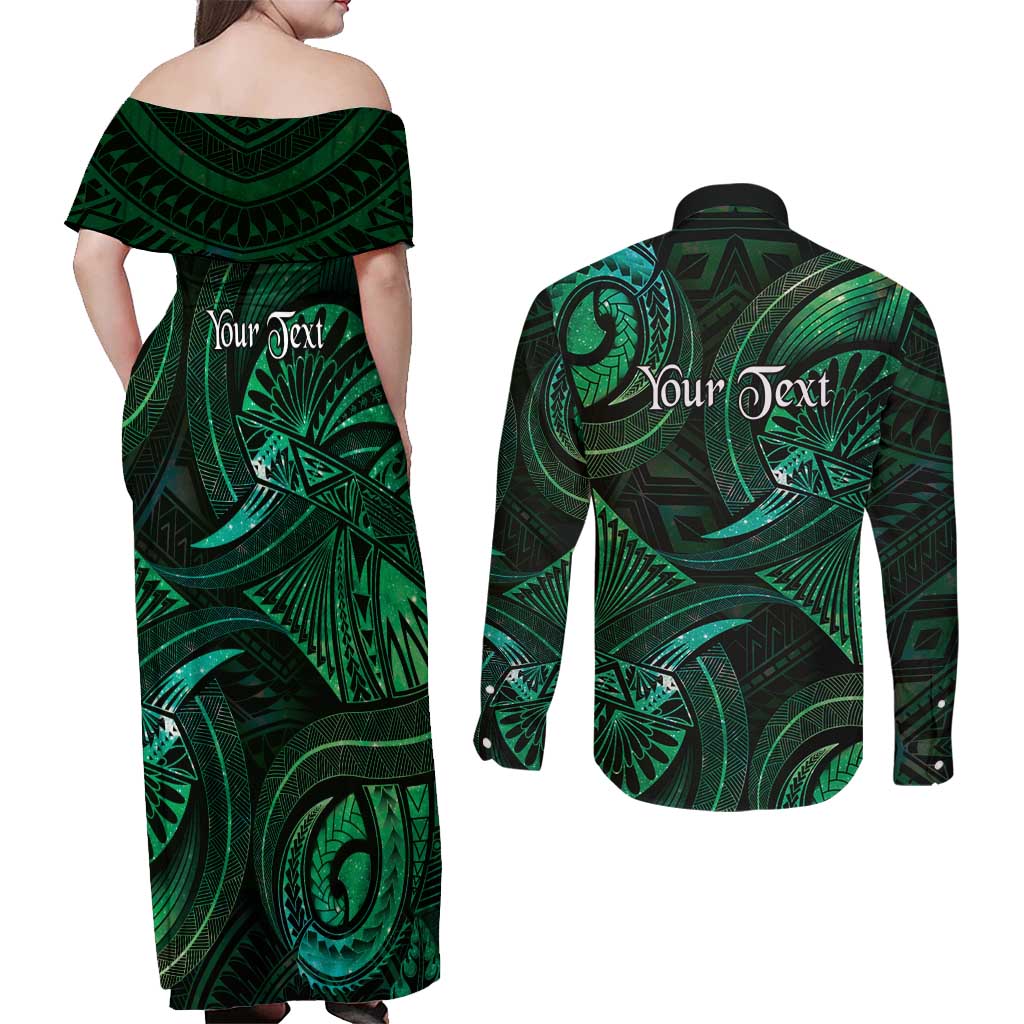 Personalised Polynesia Zodiac Taurus Couples Matching Off Shoulder Maxi Dress and Long Sleeve Button Shirt Galaxy Polynesian Pattern Chest Tattoo Style LT14 - Polynesian Pride