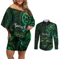 Personalised Polynesia Zodiac Taurus Couples Matching Off Shoulder Short Dress and Long Sleeve Button Shirt Galaxy Polynesian Pattern Chest Tattoo Style LT14 Green - Polynesian Pride