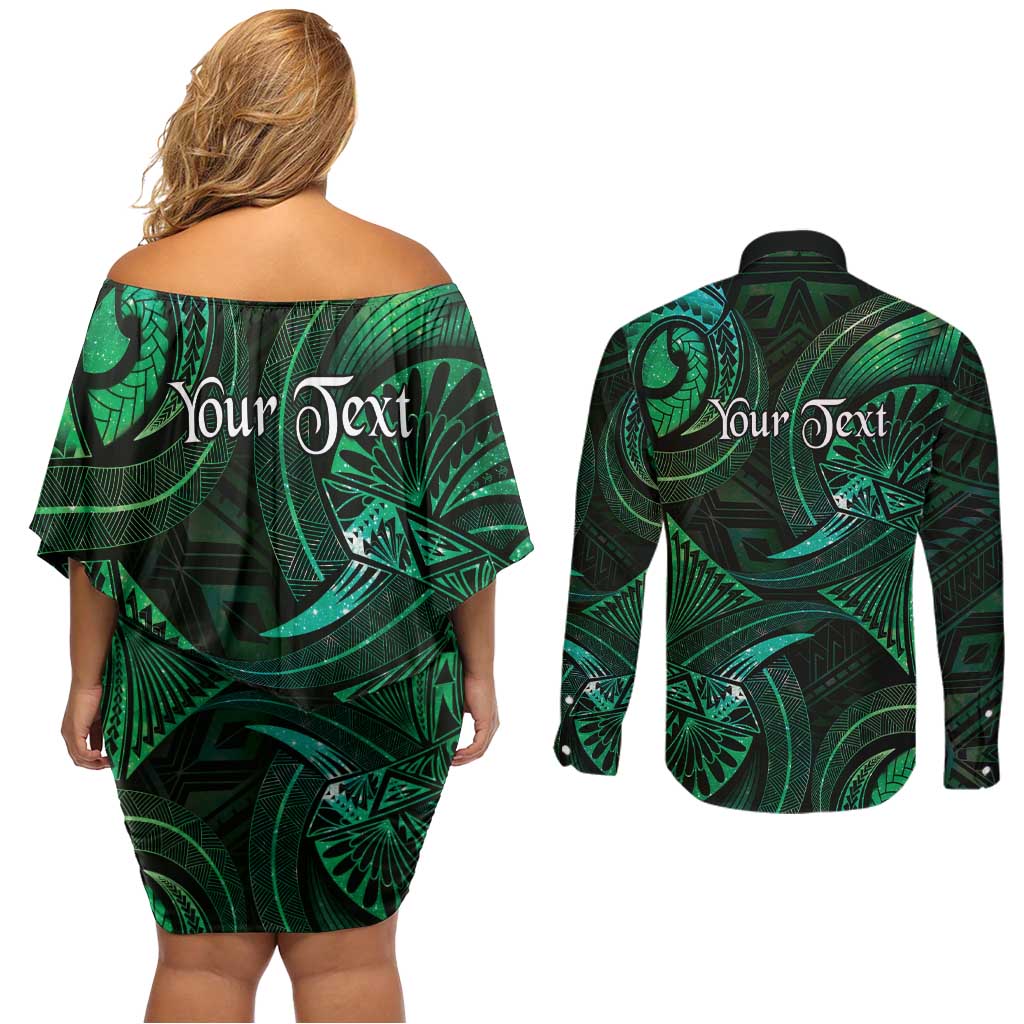 Personalised Polynesia Zodiac Taurus Couples Matching Off Shoulder Short Dress and Long Sleeve Button Shirt Galaxy Polynesian Pattern Chest Tattoo Style LT14 - Polynesian Pride
