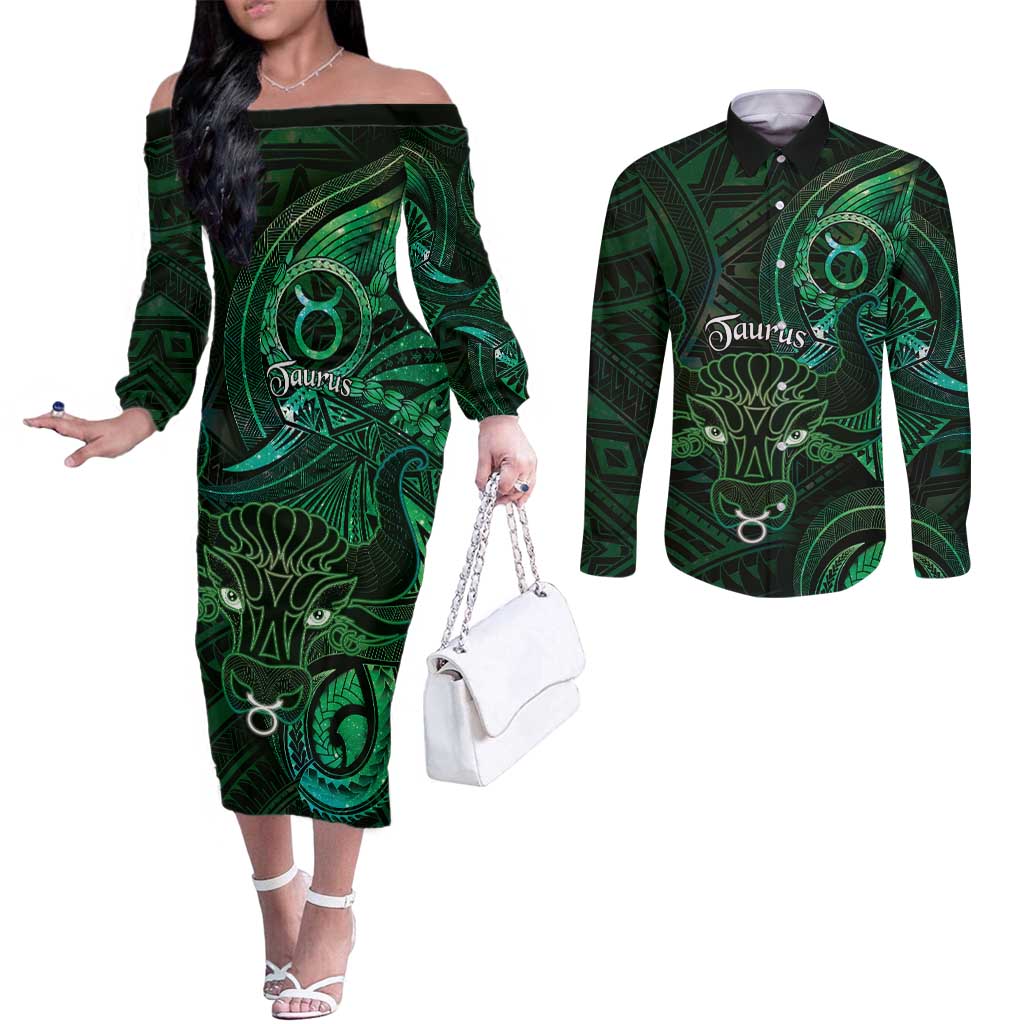 Personalised Polynesia Zodiac Taurus Couples Matching Off The Shoulder Long Sleeve Dress and Long Sleeve Button Shirt Galaxy Polynesian Pattern Chest Tattoo Style LT14 Green - Polynesian Pride