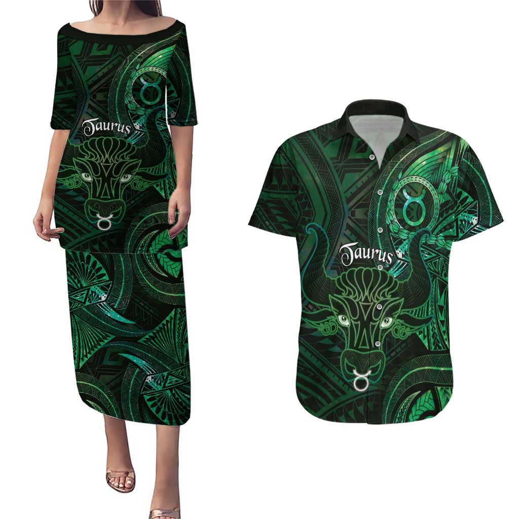 Personalised Polynesia Zodiac Taurus Couples Matching Puletasi and Hawaiian Shirt Galaxy Polynesian Pattern Chest Tattoo Style LT14 Green - Polynesian Pride