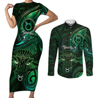 Personalised Polynesia Zodiac Taurus Couples Matching Short Sleeve Bodycon Dress and Long Sleeve Button Shirt Galaxy Polynesian Pattern Chest Tattoo Style LT14 Green - Polynesian Pride